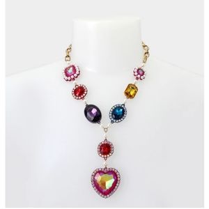 Betsey Johnson Multicolored Gem Heart Necklace POP HEART STATEMENT Y NECKLACE